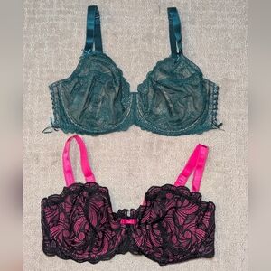 Adore Me Teal and Hot Pink & Black Lace Unlined Bra Bundle, 42DDD / 42F